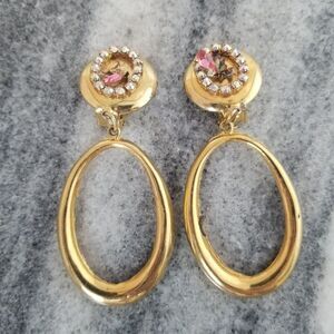 Vintage Large Clip On Earrings, Gold Tone Rhinestone Cluster, Damaged, Estate